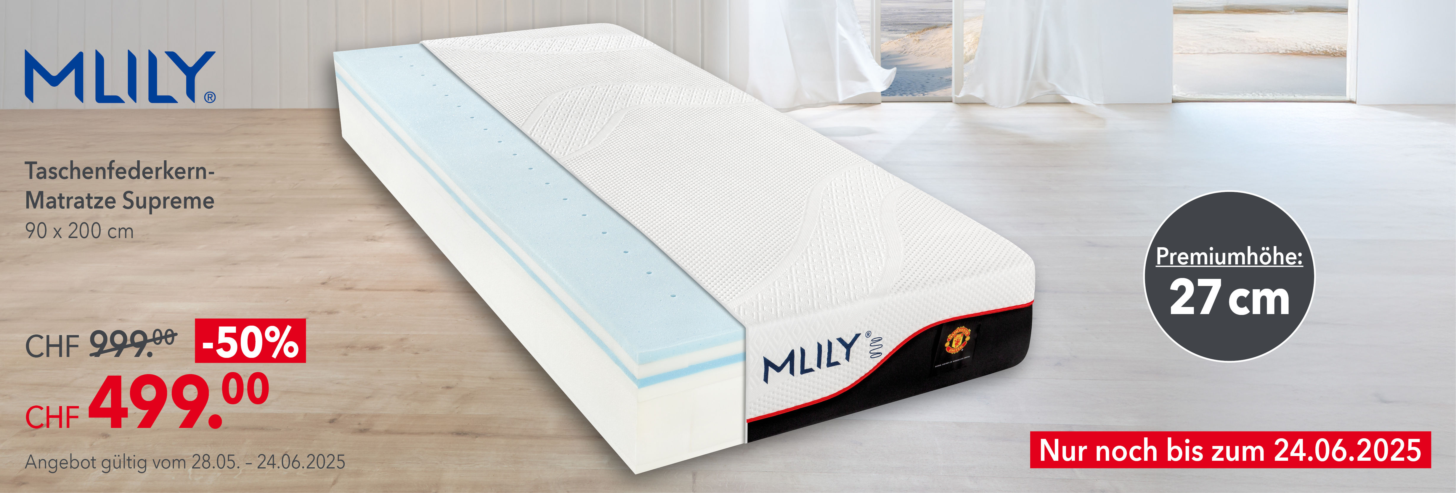 MLILY Supreme Taschenfederkernmatratze 90x200 cm mit 27 cm Premiumhöhe – CHF 499 statt 999, nur bis 24.06.25 in der Schweiz.