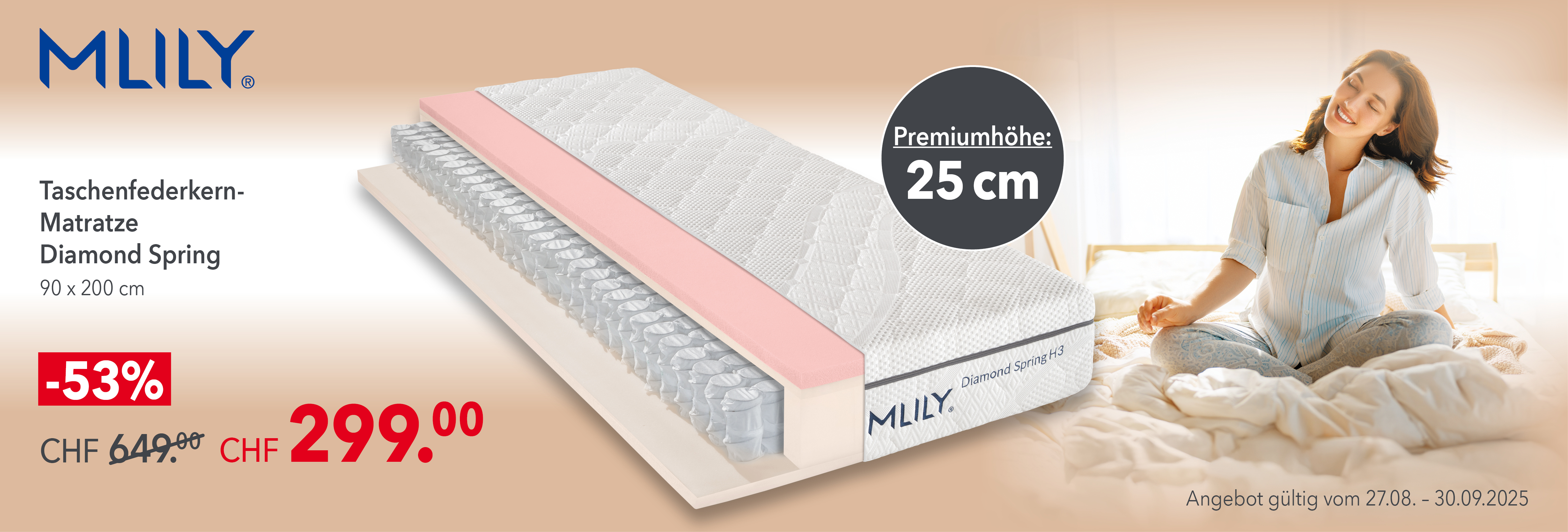 Mlily Diamond Spring Taschenfederkern-Matratze 90x200 cm, Premiumhöhe 25 cm – -53% Rabatt bis 30.09.2025 bei Matratzen Concord. Frau genießt den Morgen auf dem Bett, Aktionspreis CHF 299 statt 649.