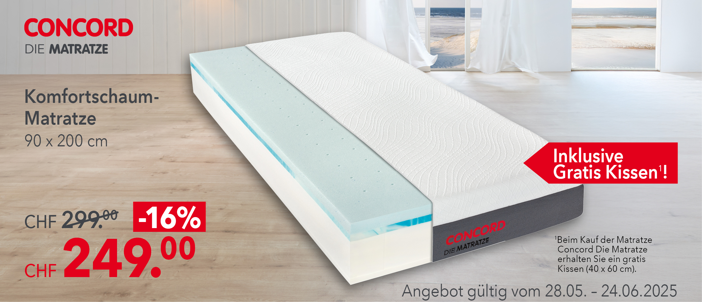 Komfortschaum-Matratze 90x200 cm mit Gratis-Kissen – CHF 249 statt 299, Aktion Schweiz bis 24.06.25.