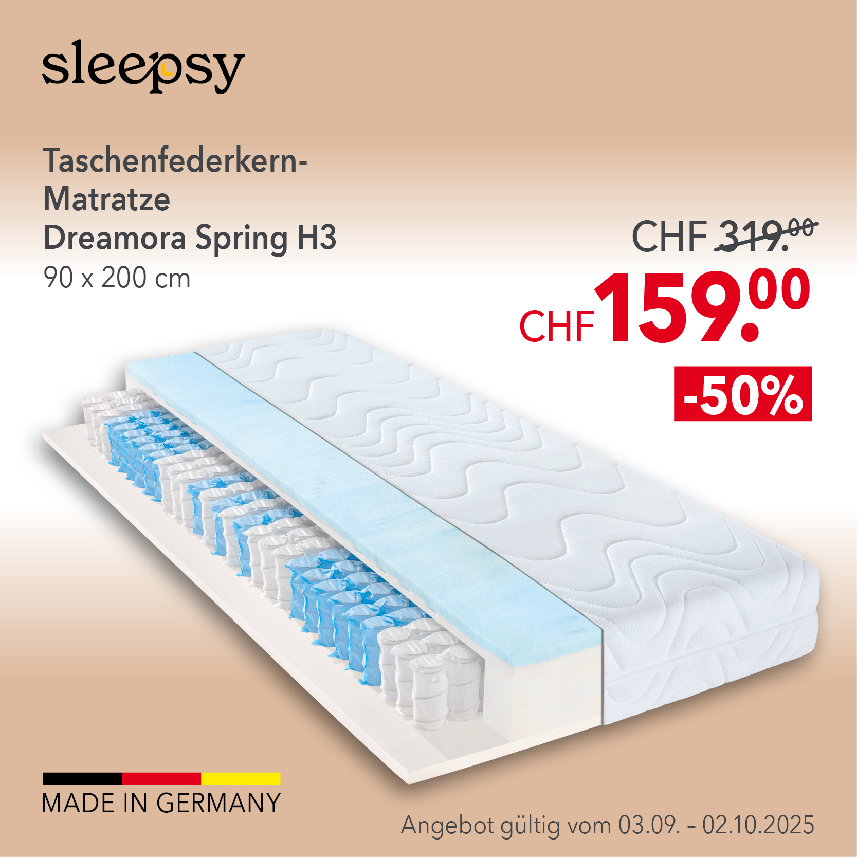 Sleepsy Dreamora Spring H3 Taschenfederkern-Matratze 90x200 cm – Made in Germany, -50 % Rabatt nur bis 02.10.2025. Aktionspreis CHF 159 statt 319 bei Matratzen Concord.