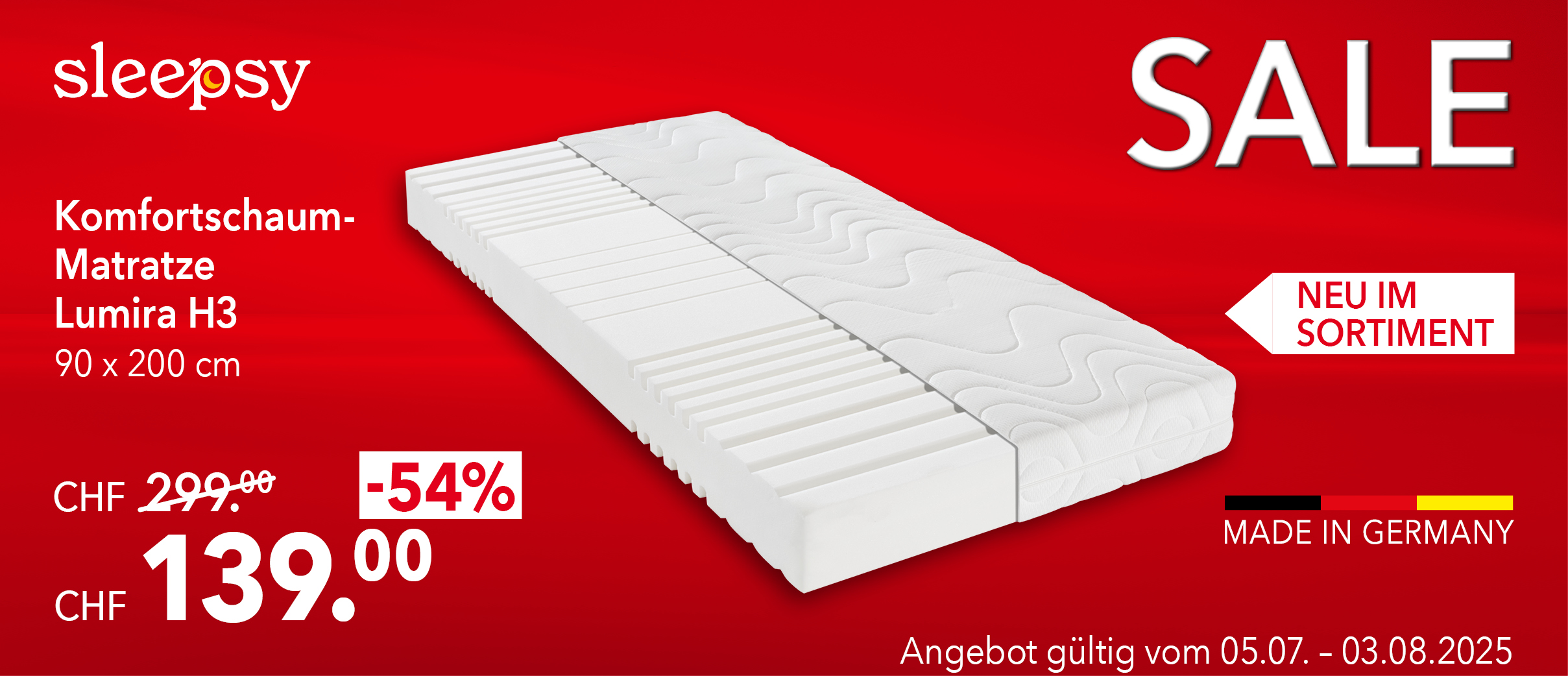 Komfortschaummatratze Sleepsy Lumira in 90x200 cm, erhältlich in H3 – jetzt im SALE für 139 CHF statt 299 CHF (54 % Rabatt). Aktionszeitraum vom 06.07. bis 03.08.2025.