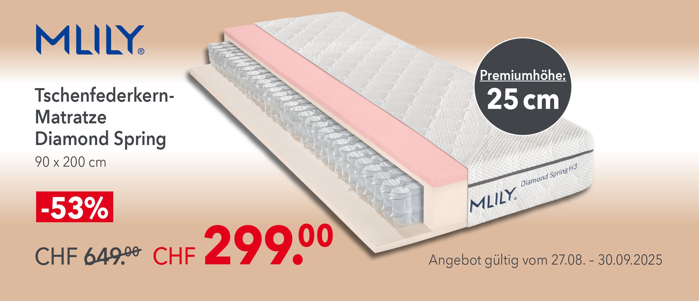Mlily Taschenfederkern-Matratze Diamond Spring H3, 90x200 cm mit Premiumhöhe 25 cm – jetzt -53% Rabatt bei Matratzen Concord. Aktionspreis CHF 299 statt 649, nur bis 30.09.2025 gültig.