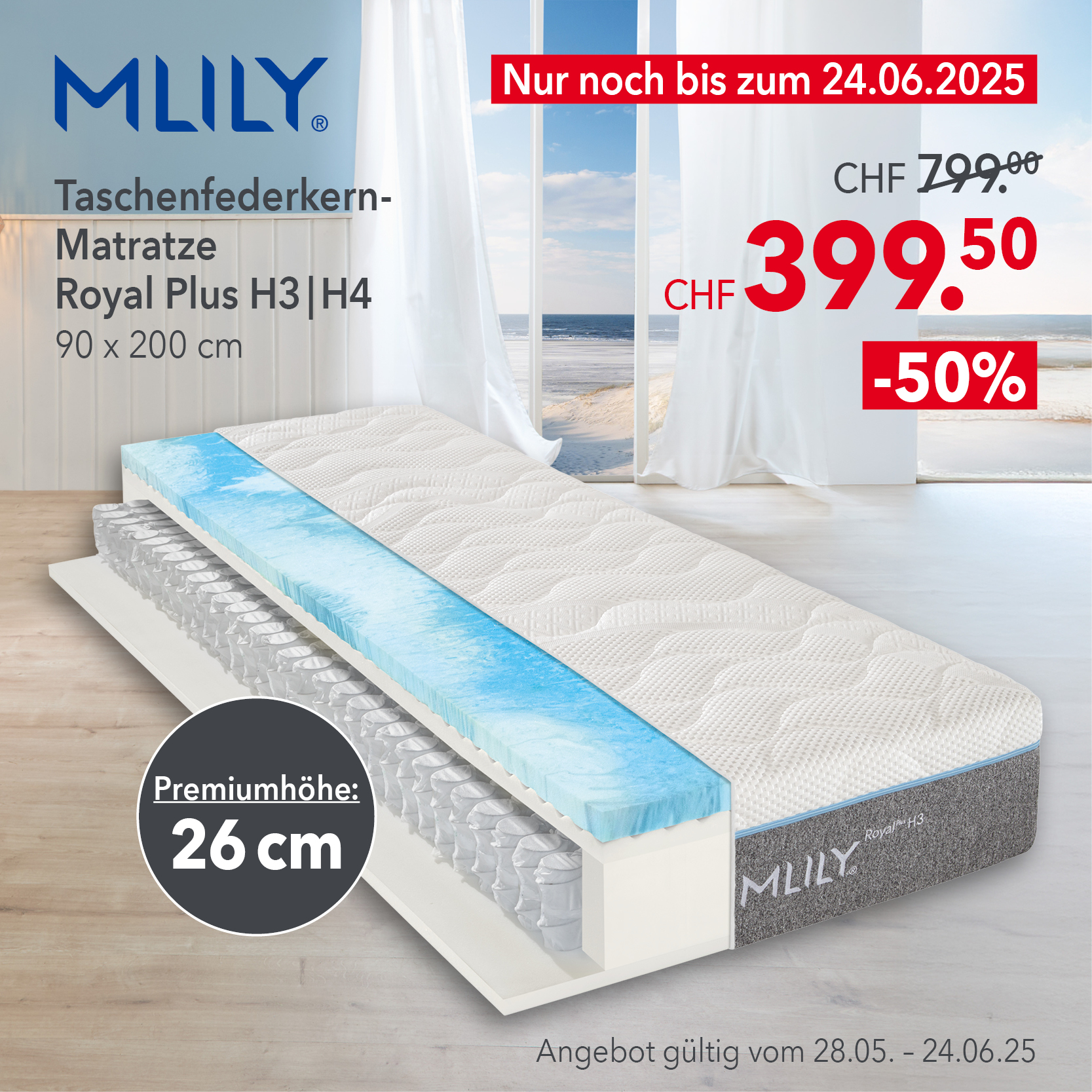MLILY Royal Plus Taschenfederkernmatratze 90x200 cm mit 26 cm Premiumhöhe – jetzt 50 % Rabatt, Aktion Schweiz bis 24.06.25.
