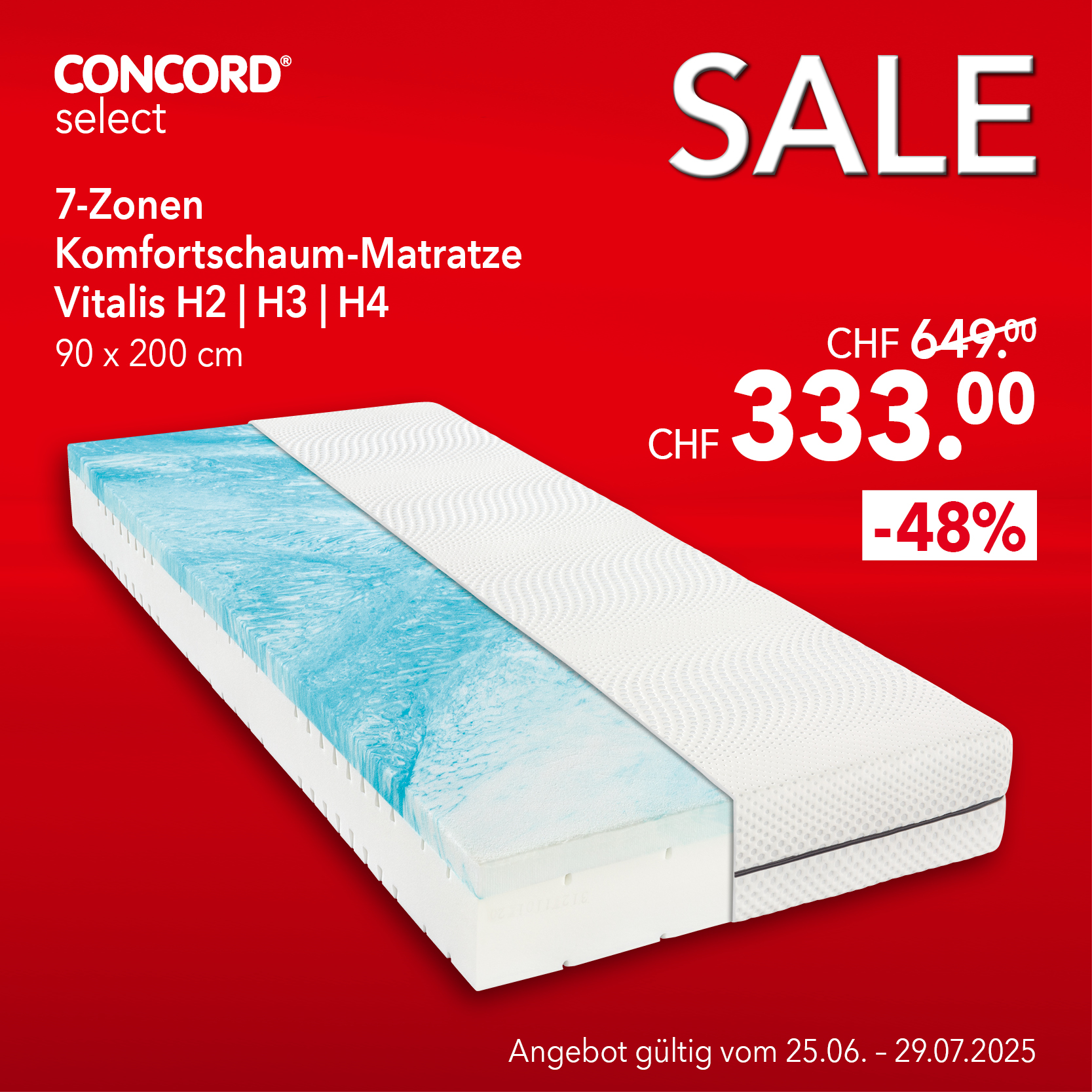 Vitalis 7-Zonen Komfortschaum-Matratze 90x200 cm mit Gelkern – H2, H3, H4 – statt 649 CHF jetzt 333 CHF – 48 % Rabatt