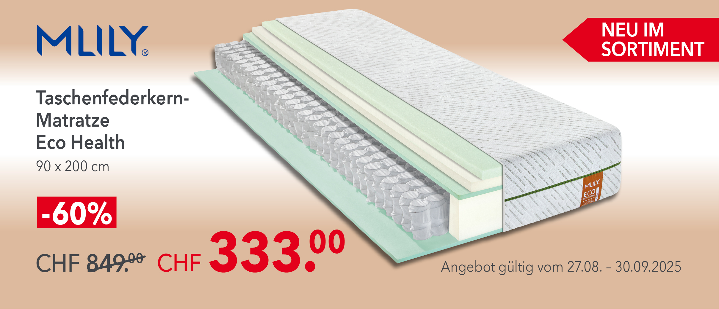 Mlily Eco Health Taschenfederkern-Matratze 90x200 cm – neu im Sortiment bei Matratzen Concord. -60% Rabatt, jetzt nur CHF 333 statt 849, nur noch bis 30.09.2025 erhältlich.