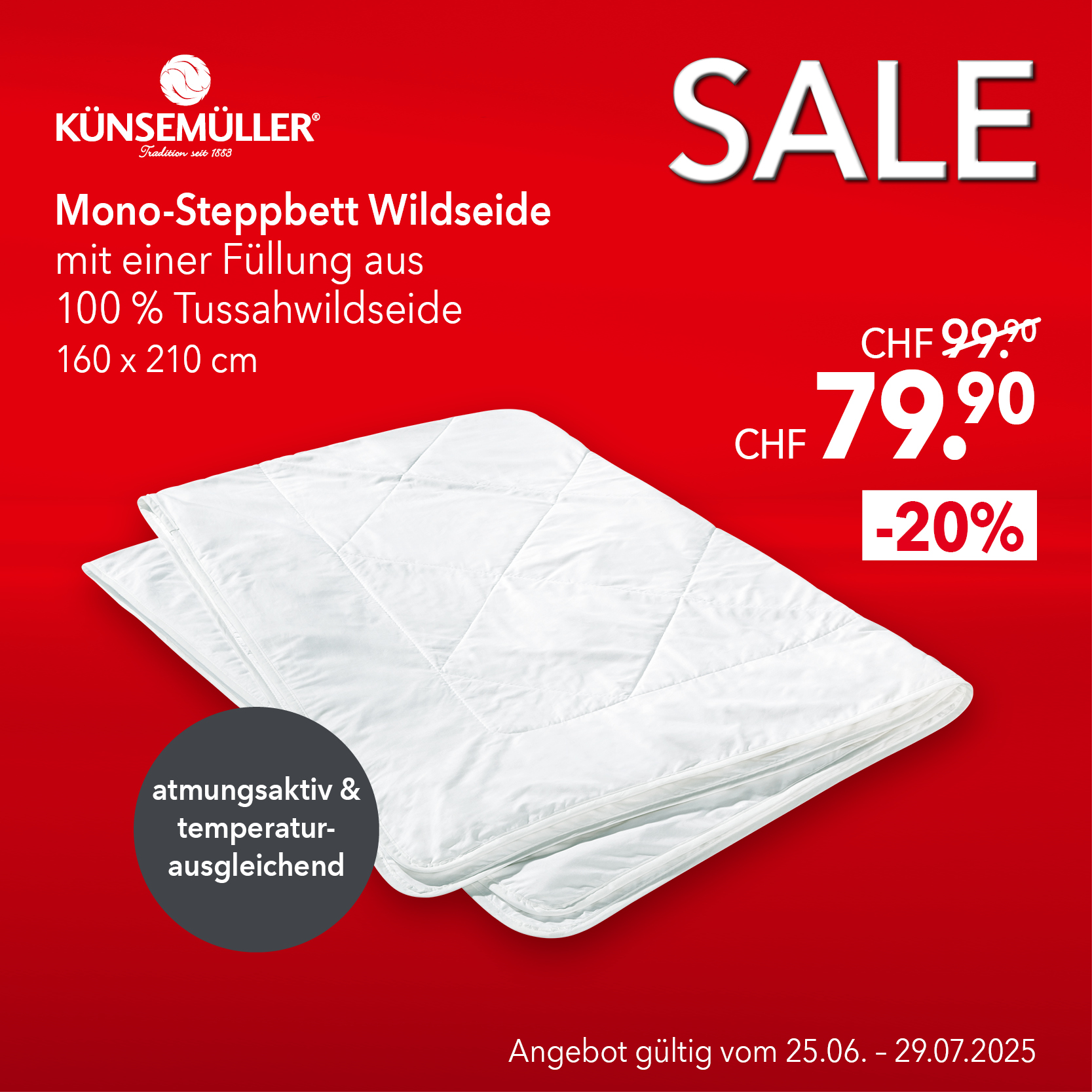 Künsemüller Mono-Steppbett Wildseide 160x210 cm – 100 % Tussahseide – atmungsaktiv, temperaturausgleichend – jetzt 79.90 CHF statt 99.90 CHF