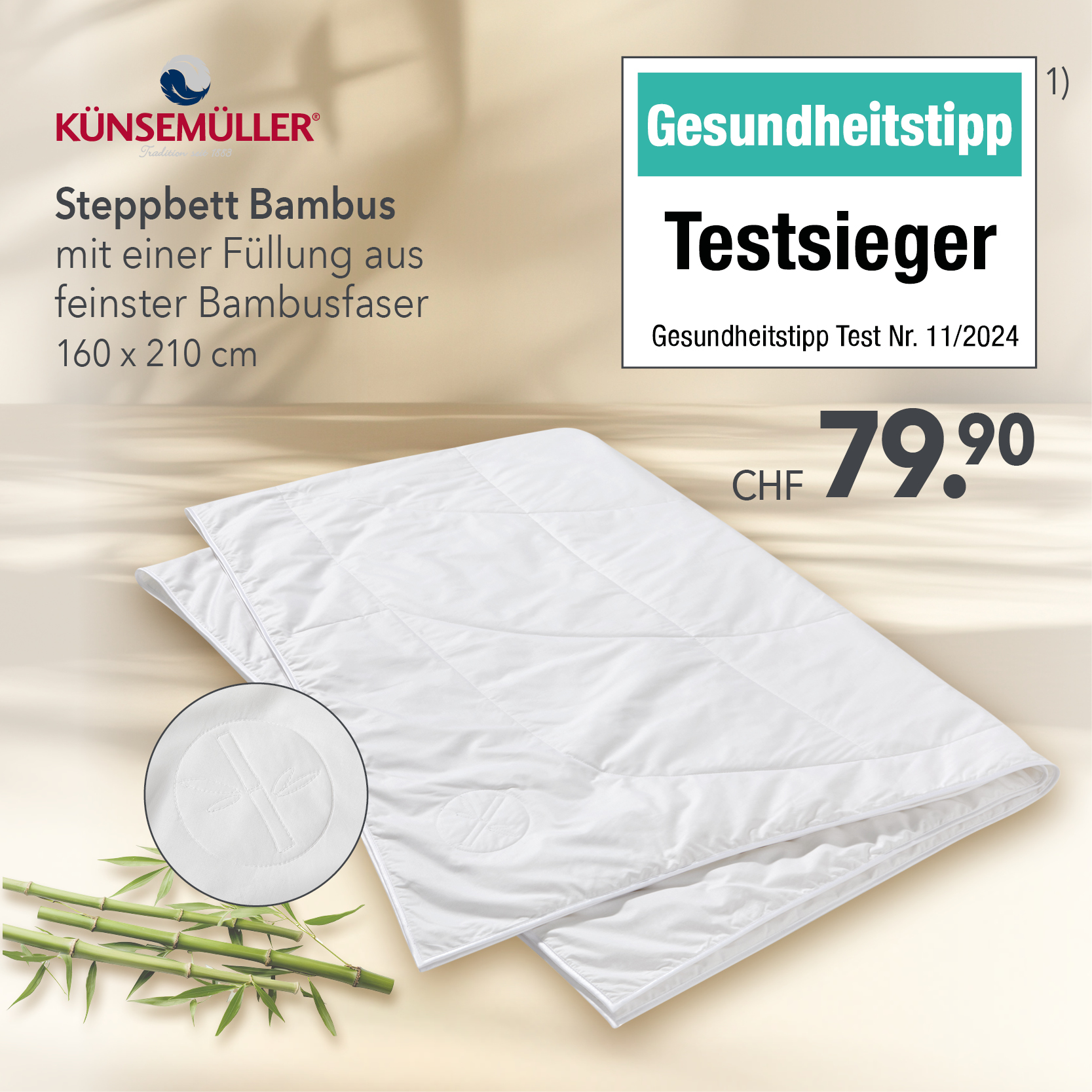 Testsieger Bambus-Steppbett 160x210 cm von Künsemüller – CHF 79.90, ideal für gesundes Schlafklima in der Schweiz.