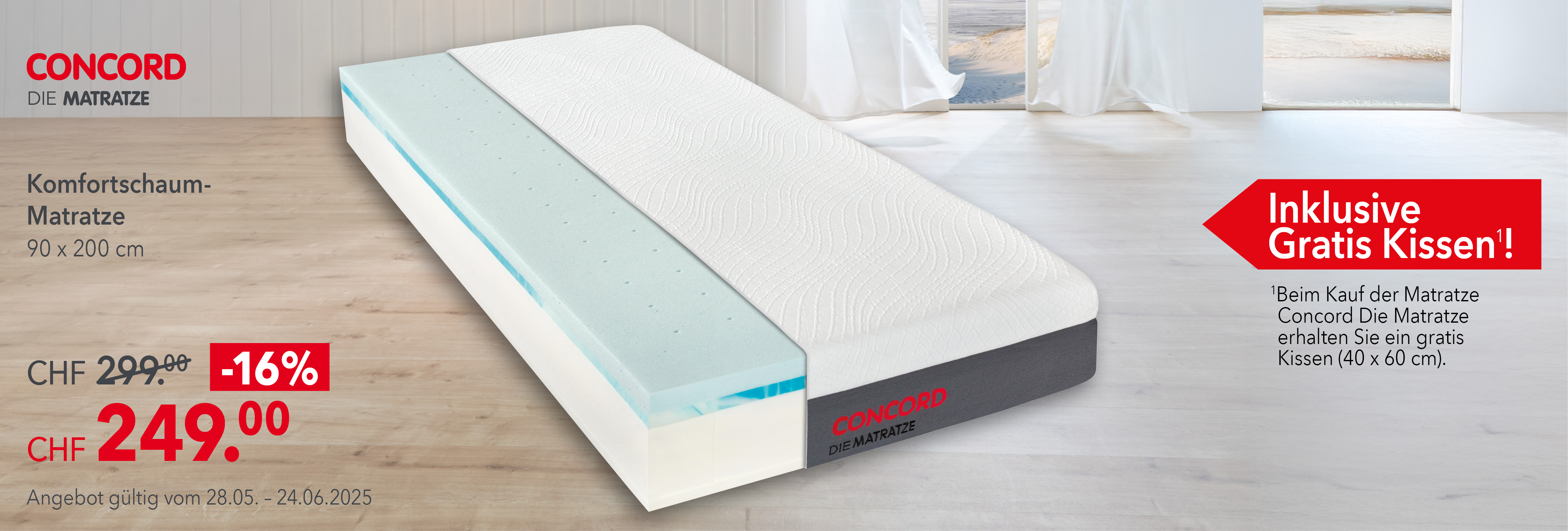 Komfortschaum-Matratze 90x200 cm bei Matratzen Concord – CHF 249 inkl. Gratis-Kissen, nur bis 24.06.25.