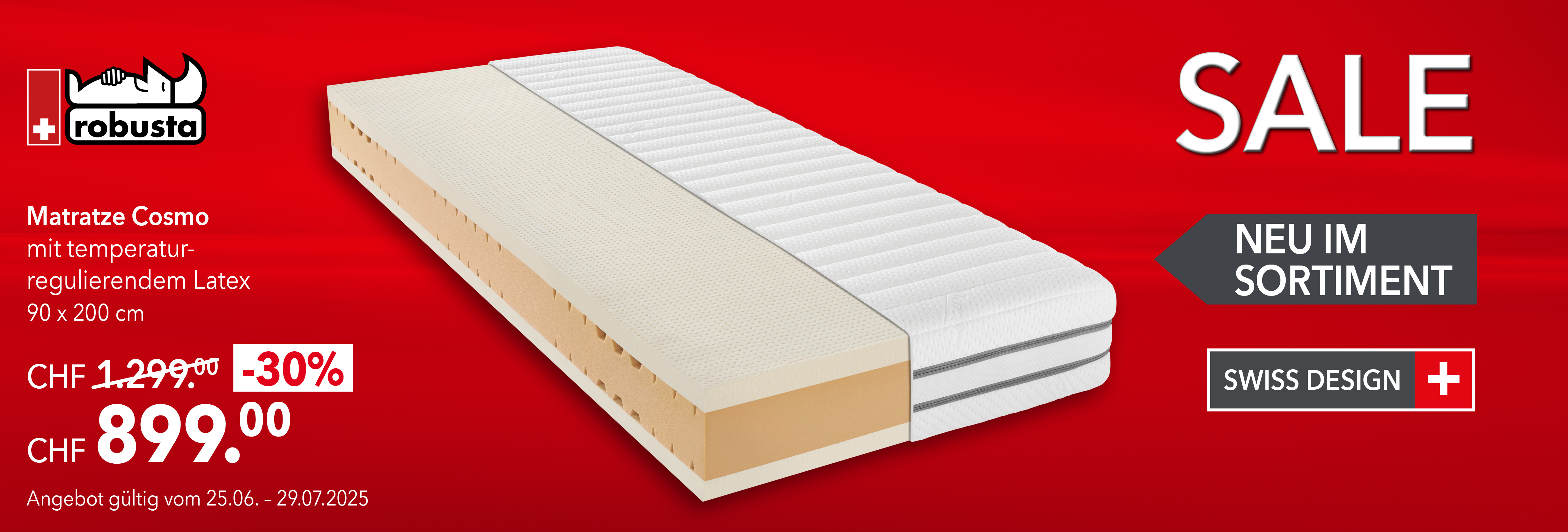Robusta Matratze Cosmo 90x200 cm mit temperaturregulierendem Latex – neu im Sortiment – statt 1299 CHF nur 899 CHF – 30 % Rabatt