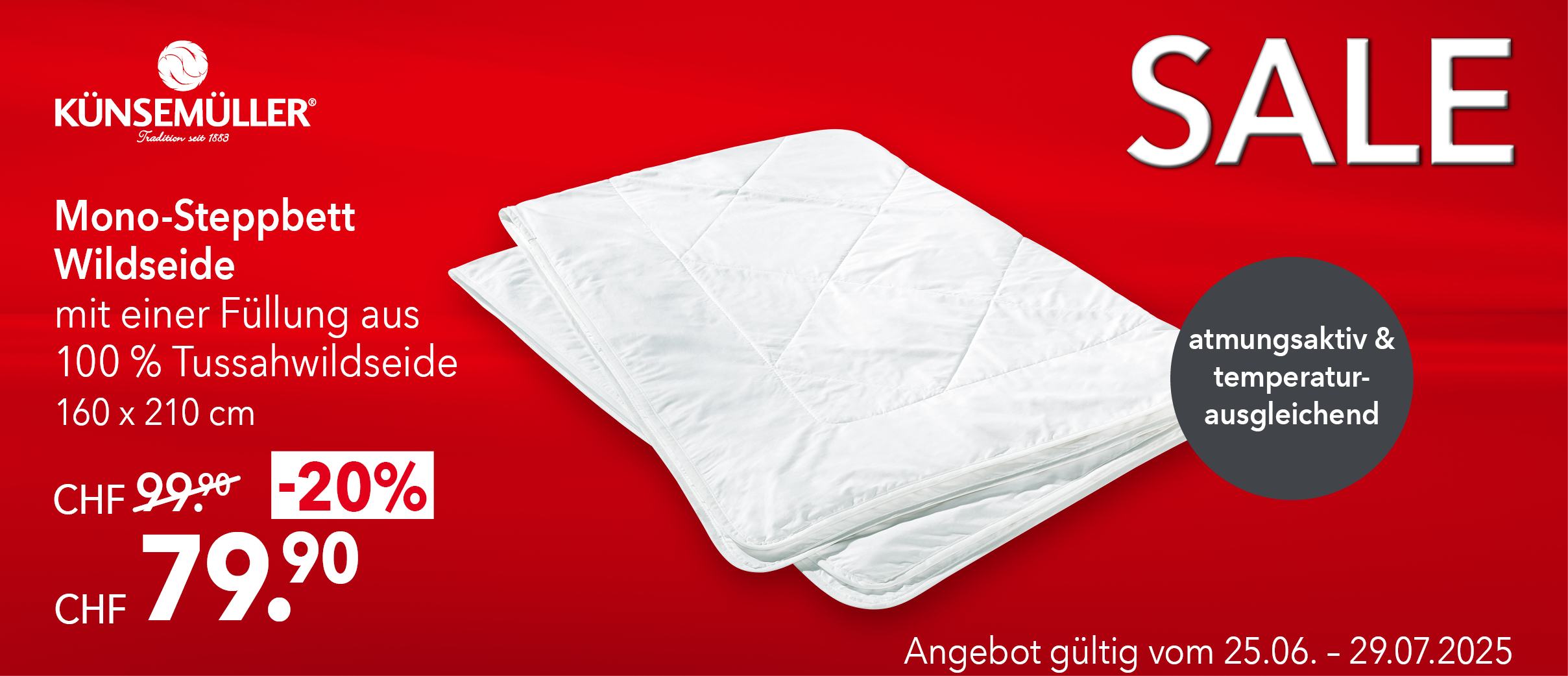 Künsemüller Mono-Steppbett Wildseide 160x210 cm – 100 % Tussahseide – atmungsaktiv, temperaturausgleichend – jetzt 79.90 CHF statt 99.90 CHF