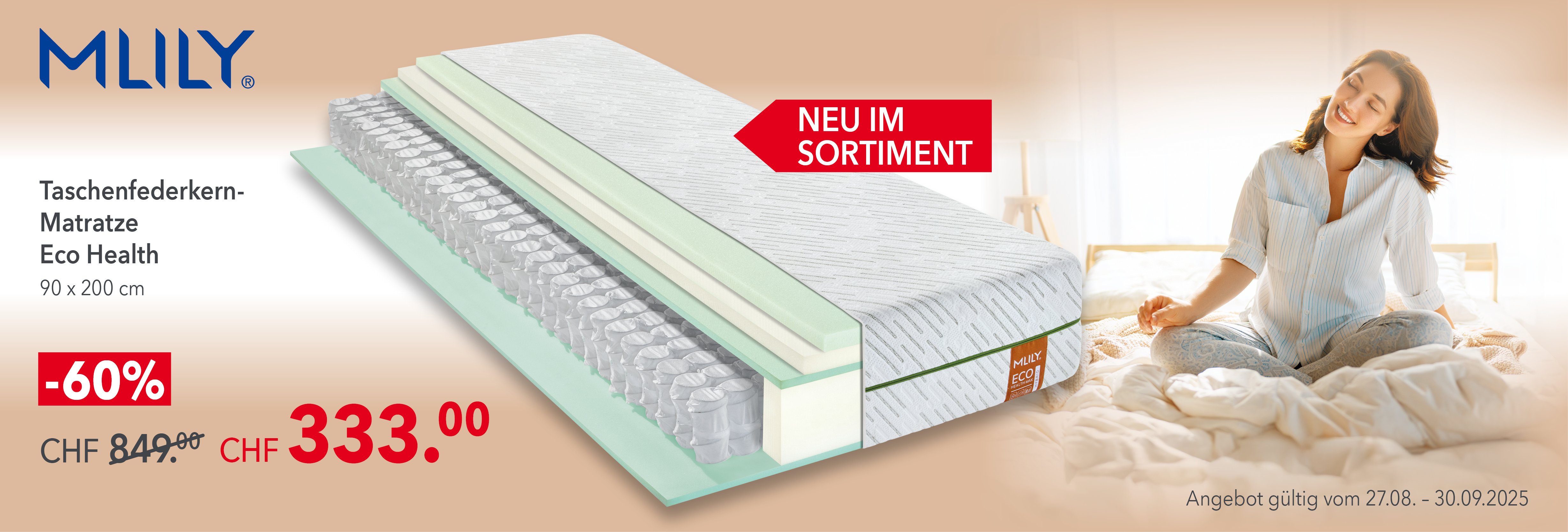 Mlily Eco Health Taschenfederkern-Matratze 90x200 cm – neu im Sortiment bei Matratzen Concord. -60% Rabatt, jetzt nur CHF 333 statt 849, nur noch bis 30.09.2025 erhältlich.