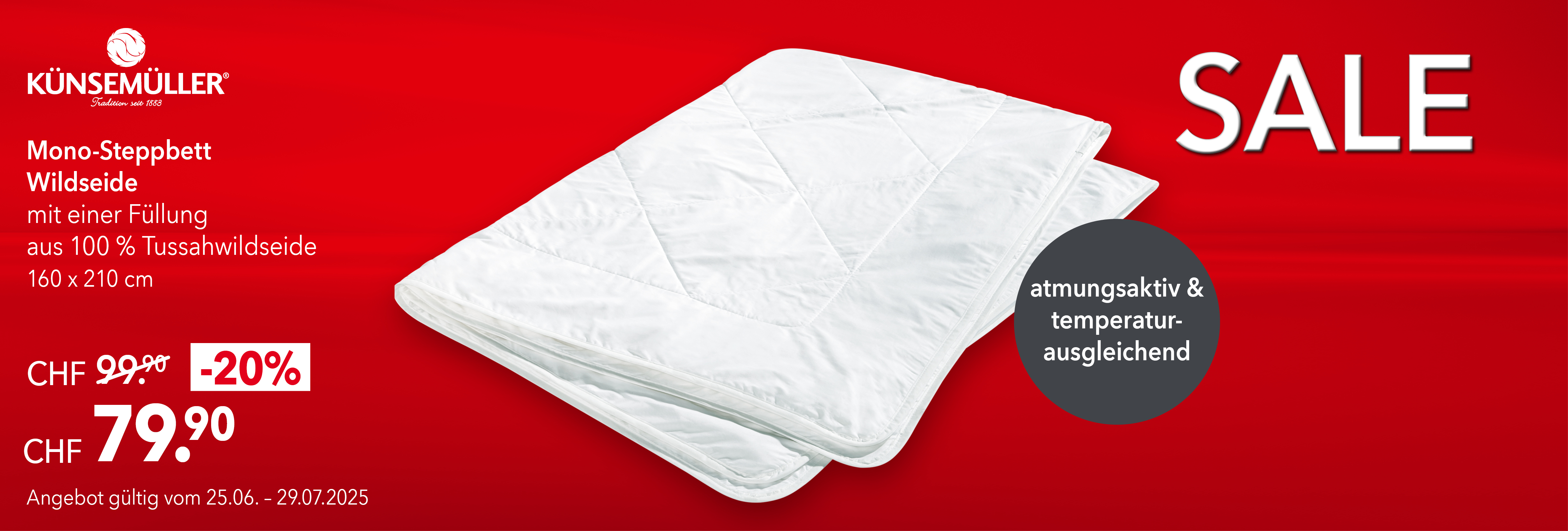 Künsemüller Mono-Steppbett Wildseide 160x210 cm – 100 % Tussahseide – atmungsaktiv, temperaturausgleichend – jetzt 79.90 CHF statt 99.90 CHF