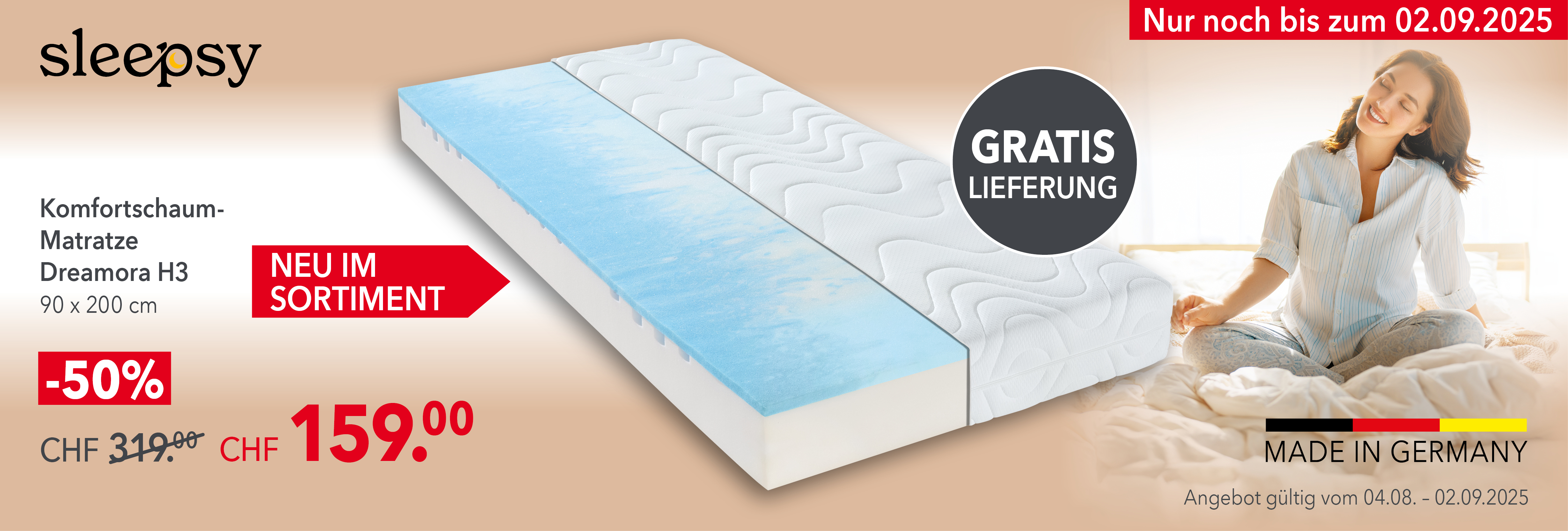 Sleepsy Komfortschaum-Matratze Dreamora H3, 90x200 cm – neu im Sortiment, Made in Germany. Gratis Lieferung, -50% Rabatt, jetzt nur CHF 159 statt 319, nur bis 02.09.2025 bei Matratzen Concord.