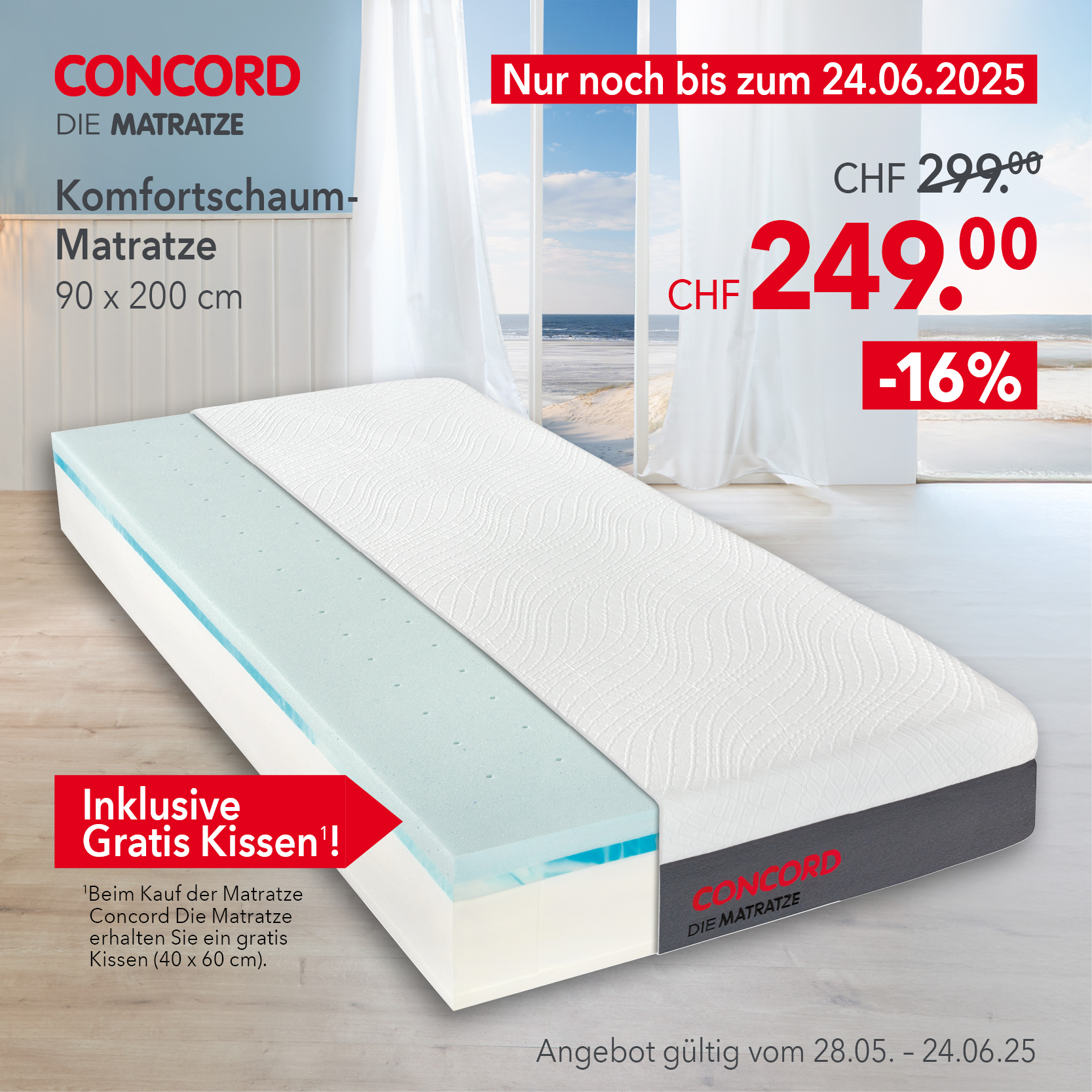 Komfortschaum-Matratze 90x200 cm mit Gratis-Kissen – CHF 249 statt 299, Aktion Schweiz bis 24.06.25.