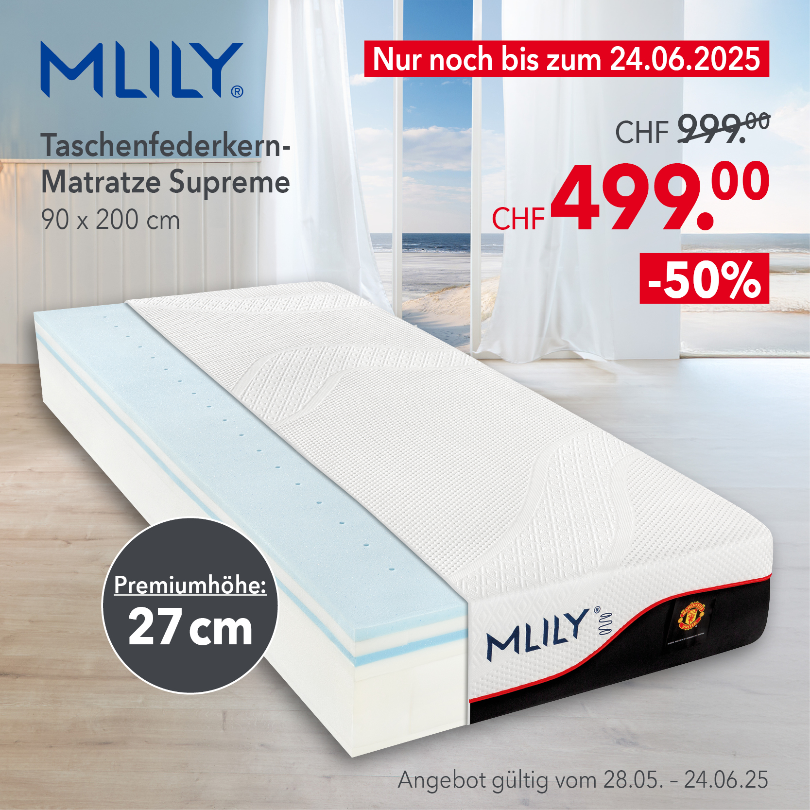 MLILY Supreme Taschenfederkernmatratze 90x200 cm mit 27 cm Premiumhöhe – CHF 499 statt 999, nur bis 24.06.25 in der Schweiz. Mobile.