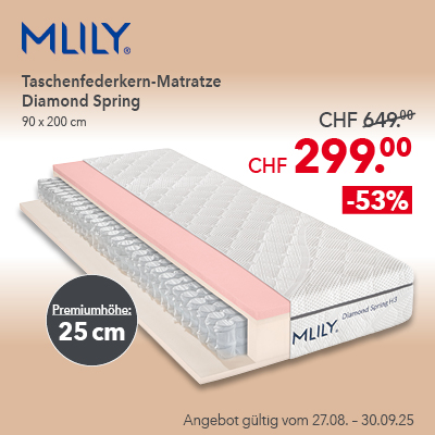 Mlily Taschenfederkern-Matratze Diamond Spring H3, 90x200 cm mit Premiumhöhe 25 cm – jetzt -53% Rabatt bei Matratzen Concord. Aktionspreis CHF 299 statt 649, nur bis 30.09.2025 gültig.