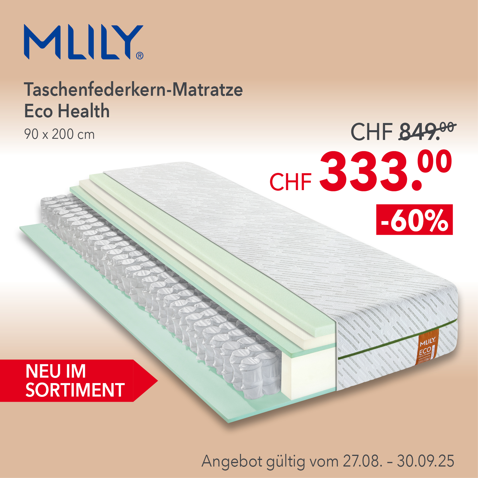 Mlily Eco Health Taschenfederkern-Matratze 90x200 cm – neu im Sortiment bei Matratzen Concord. -60% Rabatt, jetzt nur CHF 333 statt 849, nur noch bis 30.09.2025 erhältlich.
