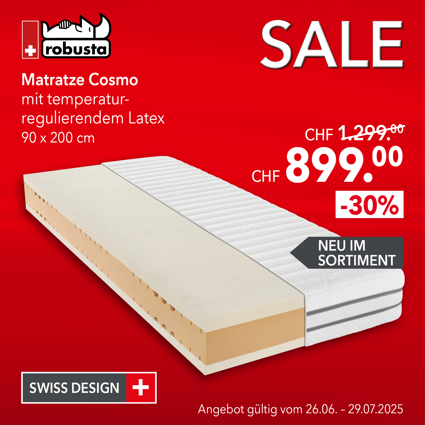 Robusta Matratze Cosmo 90x200 cm mit temperaturregulierendem Latex – neu im Sortiment – statt 1299 CHF nur 899 CHF – 30 % Rabatt