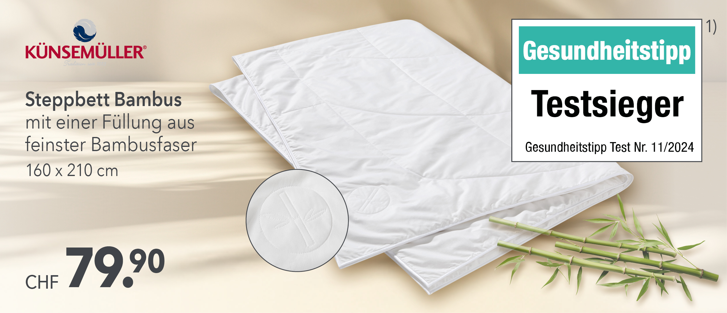 Testsieger Bambus-Steppbett 160x210 cm von Künsemüller – CHF 79.90, ideal für gesundes Schlafklima in der Schweiz.