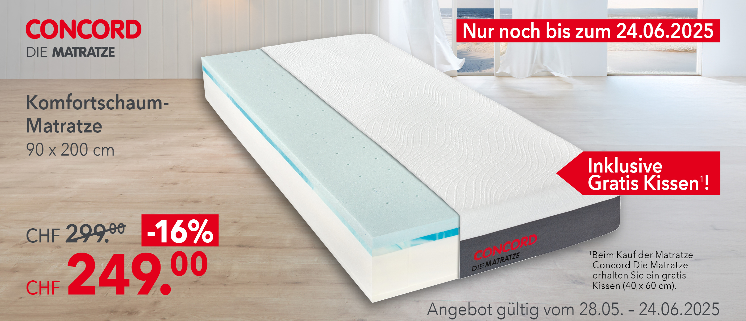 Komfortschaum-Matratze 90x200 cm mit Gratis-Kissen – CHF 249 statt 299, Aktion Schweiz bis 24.06.25.
