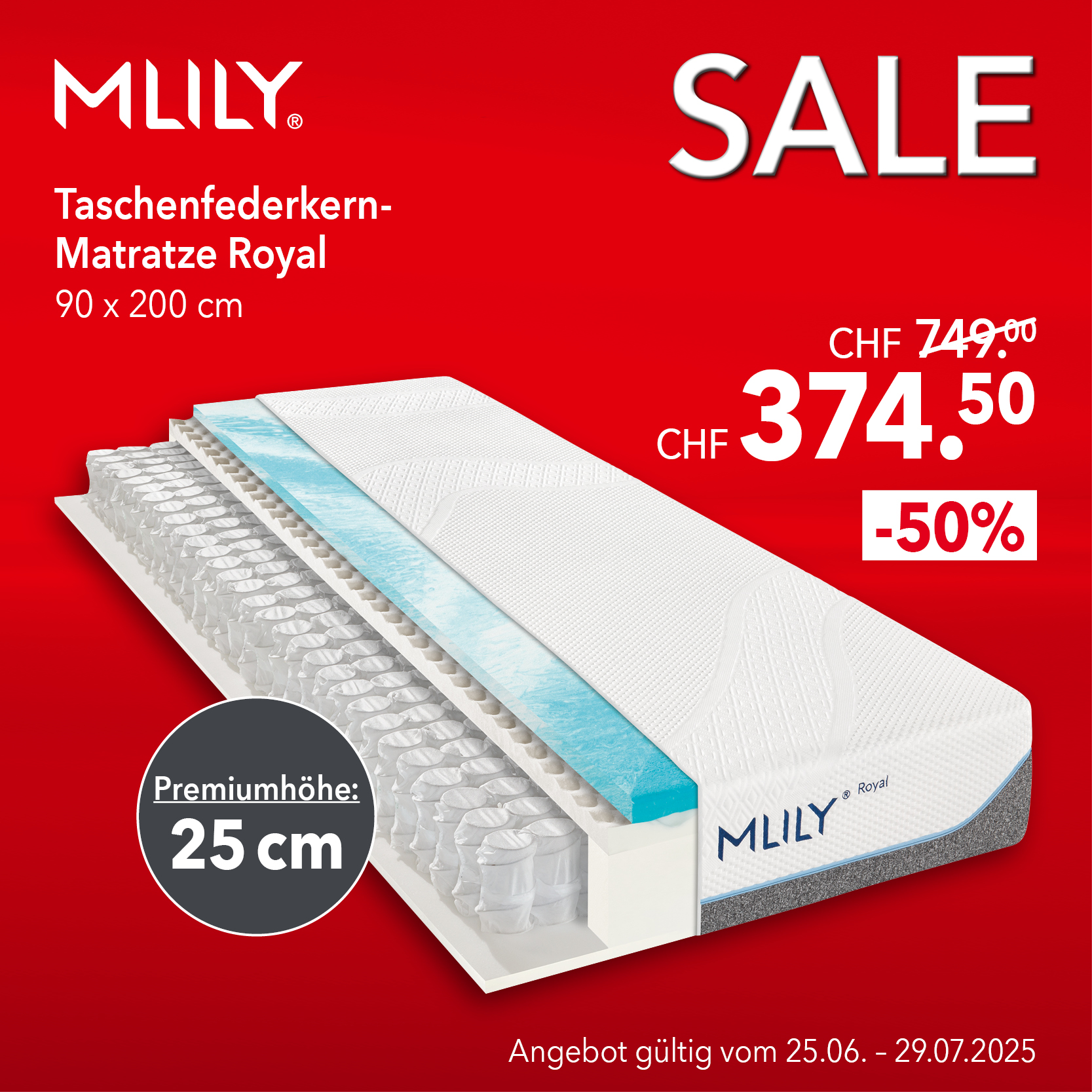 MLILY Taschenfederkern-Matratze Royal 90x200 cm – Premiumhöhe 25 cm – 50 % Rabatt: nur 374.50 CHF statt 749.00 CHF