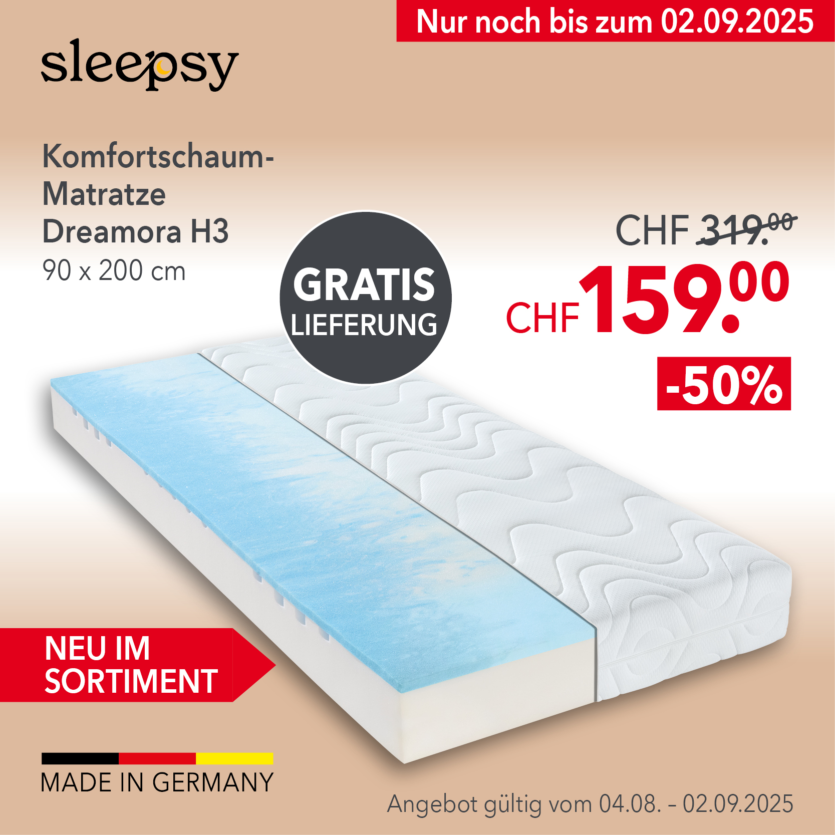 Sleepsy Komfortschaum-Matratze Dreamora H3, 90x200 cm – neu im Sortiment, Made in Germany. Gratis Lieferung, -50% Rabatt, jetzt nur CHF 159 statt 319, nur bis 02.09.2025 bei Matratzen Concord.