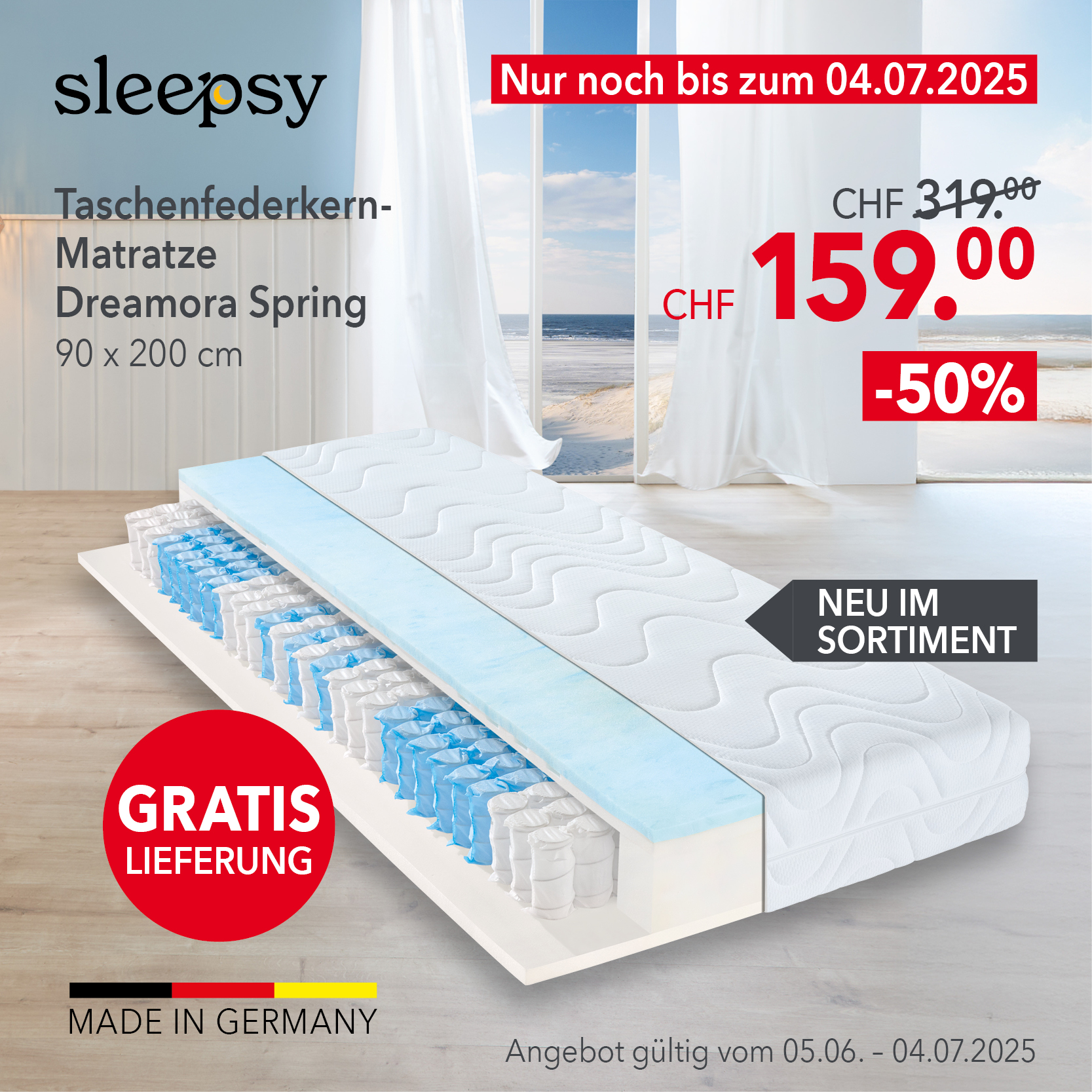 aschenfederkernmatratze Sleepsy Dreamora Spring, 90x200 cm – jetzt im SALE für 159 CHF statt 319 CHF (50 % Rabatt). Neu im Sortiment, inklusive kostenloser Lieferung. Made in Germany. Gültig vom 05.06. bis 04.07.2025 – nur noch bis 04.07.2025