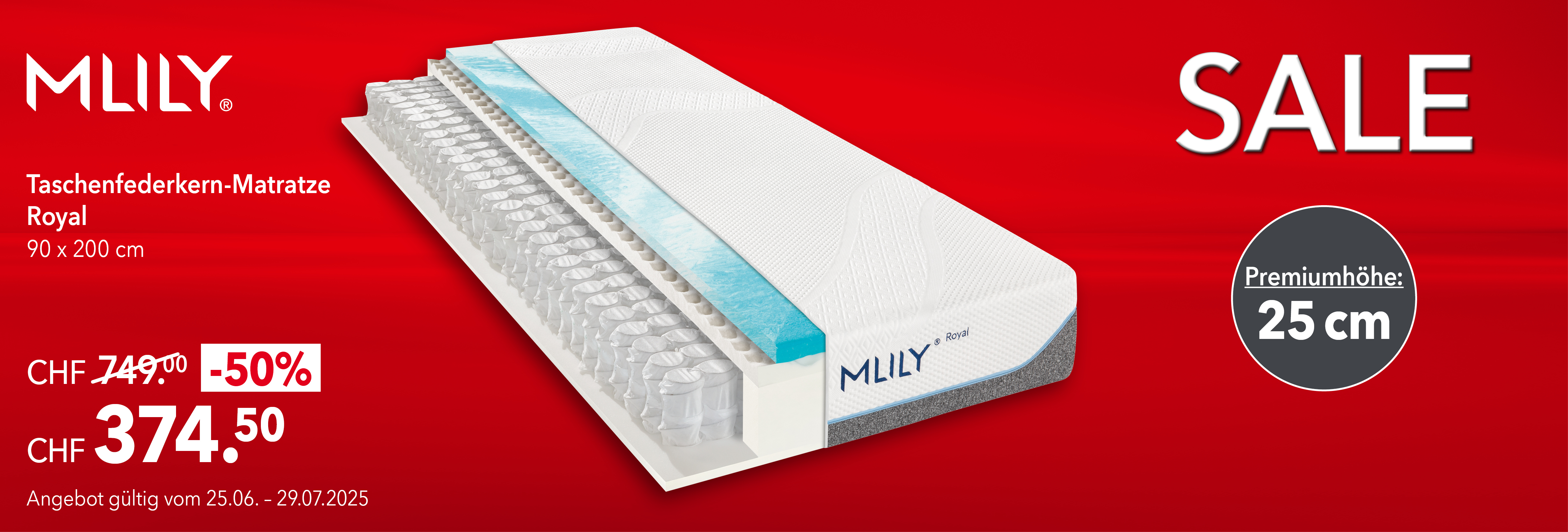 MLILY Taschenfederkern-Matratze Royal 90x200 cm – Premiumhöhe 25 cm – 50 % Rabatt: nur 374.50 CHF statt 749.00 CHF