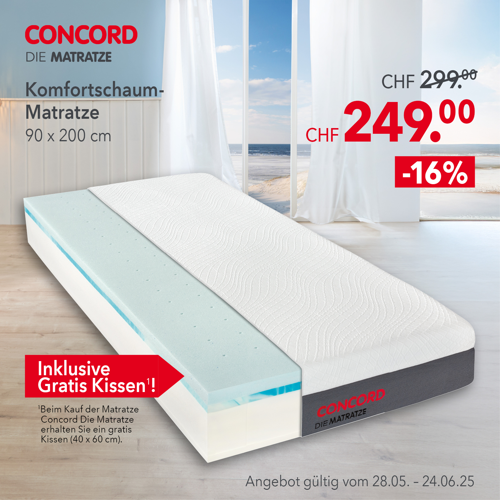 Komfortschaum-Matratze 90x200 cm mit Gratis-Kissen – CHF 249 statt 299, Aktion Schweiz bis 24.06.25.