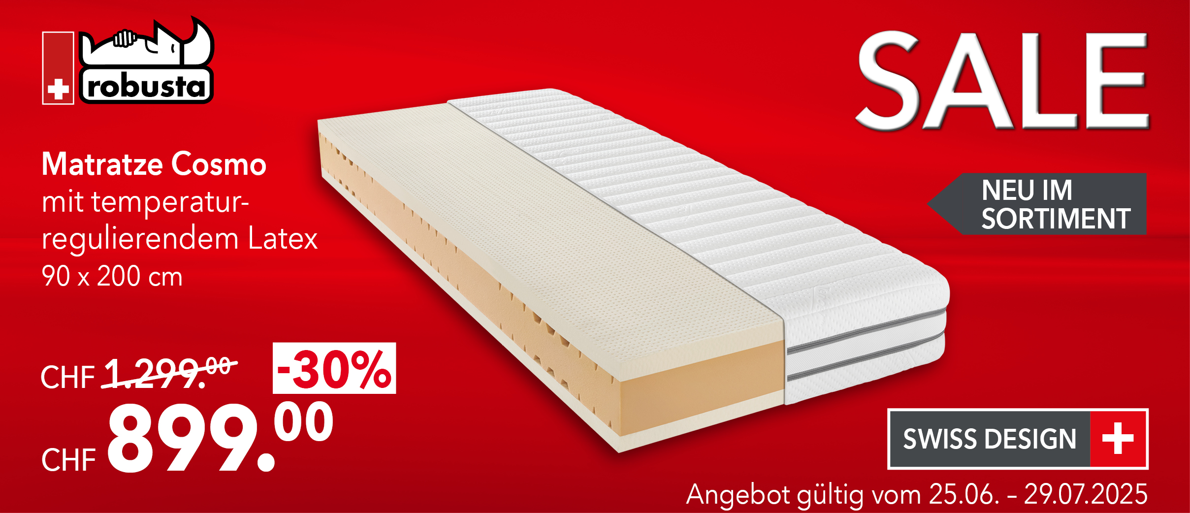 Robusta Matratze Cosmo 90x200 cm mit temperaturregulierendem Latex – neu im Sortiment – statt 1299 CHF nur 899 CHF – 30 % Rabatt
