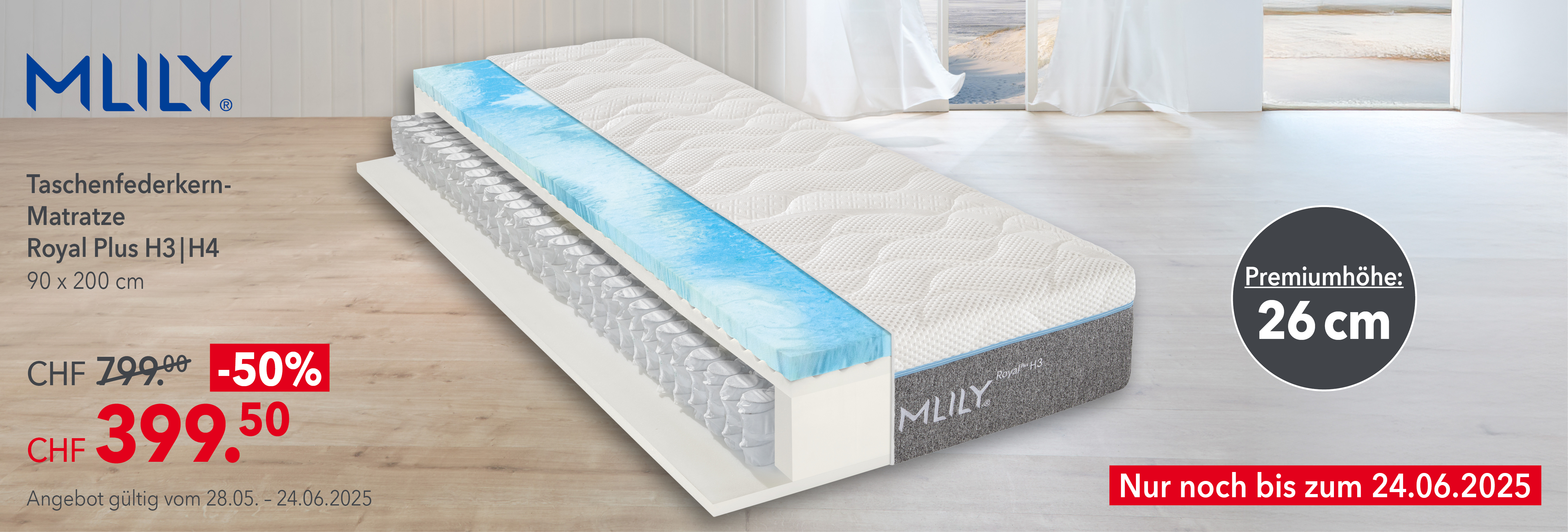 MLILY Royal Plus Taschenfederkernmatratze 90x200 cm mit 26 cm Premiumhöhe – jetzt 50 % Rabatt, Aktion Schweiz bis 24.06.25.